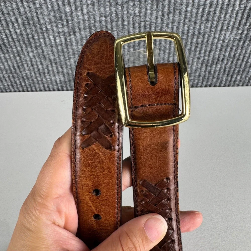 Brown Genuine Leather Woven Lattice Belt‎ Gold Buckle Size 40 8000T Mens Brown